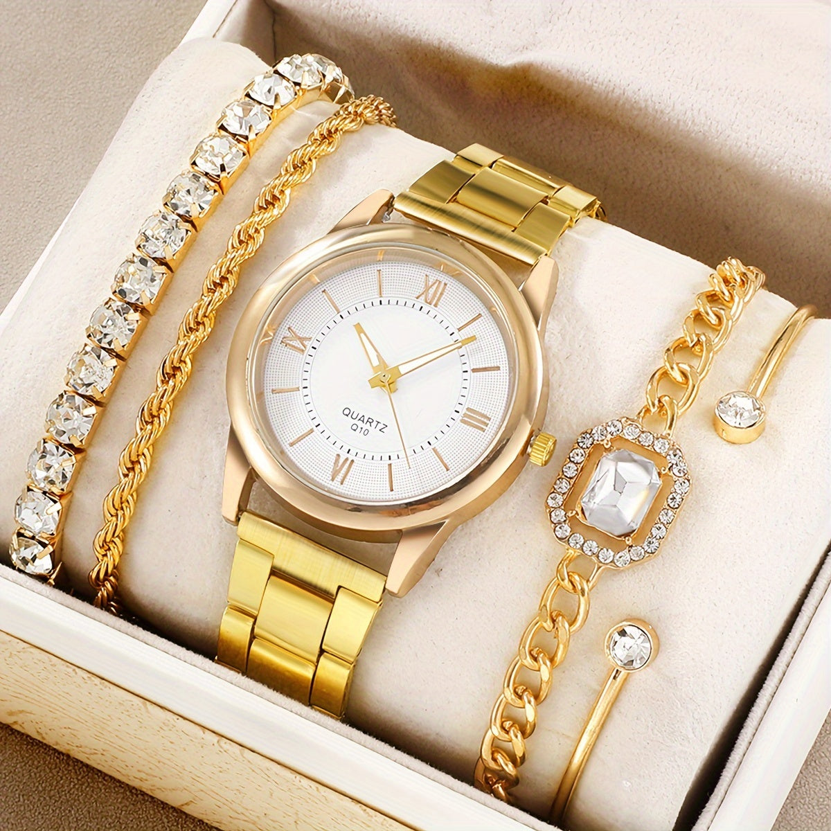 Набор из 5 женских золотых кварцевых часов с римскими цифрами и браслетами