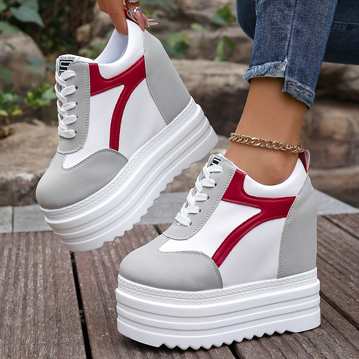 Women's Fashion Sneakers Casual Lace-Up Shoes with Thick Sole and High Heels