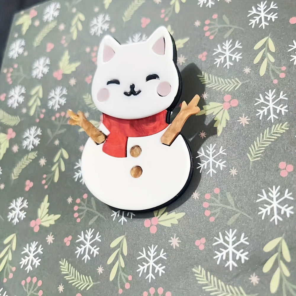 Irregularly Shaped Acrylic Snowman Cat Brooch Pin Whimsical Cartoon Lapel Accessory for Animal Lovers