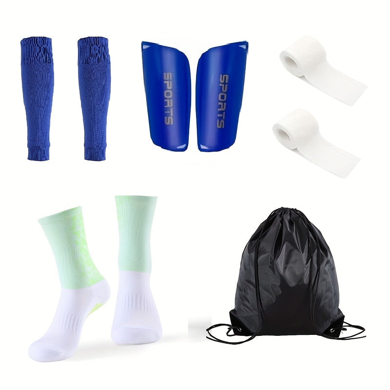 Football Training Equipment Set 5 Pieces Silicone Grip Socks Calf Sleeves Drawstring Backpack Leg Pads Polyester
