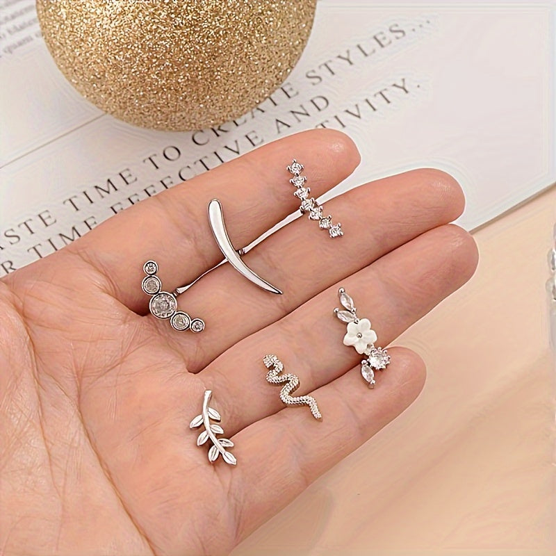 Women's Hypoallergenic Spiral Cartilage Earrings 6 Pairs Stainless Steel Crystal Zirconia