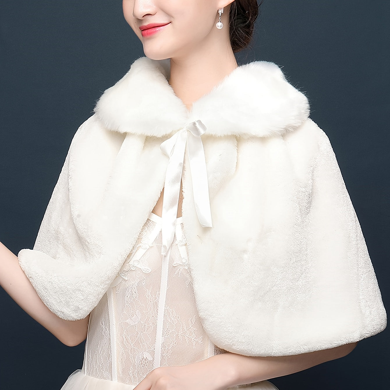 White Faux Fur Shawl for Women Bridal Wedding Party Fall Winter Elegant Cape