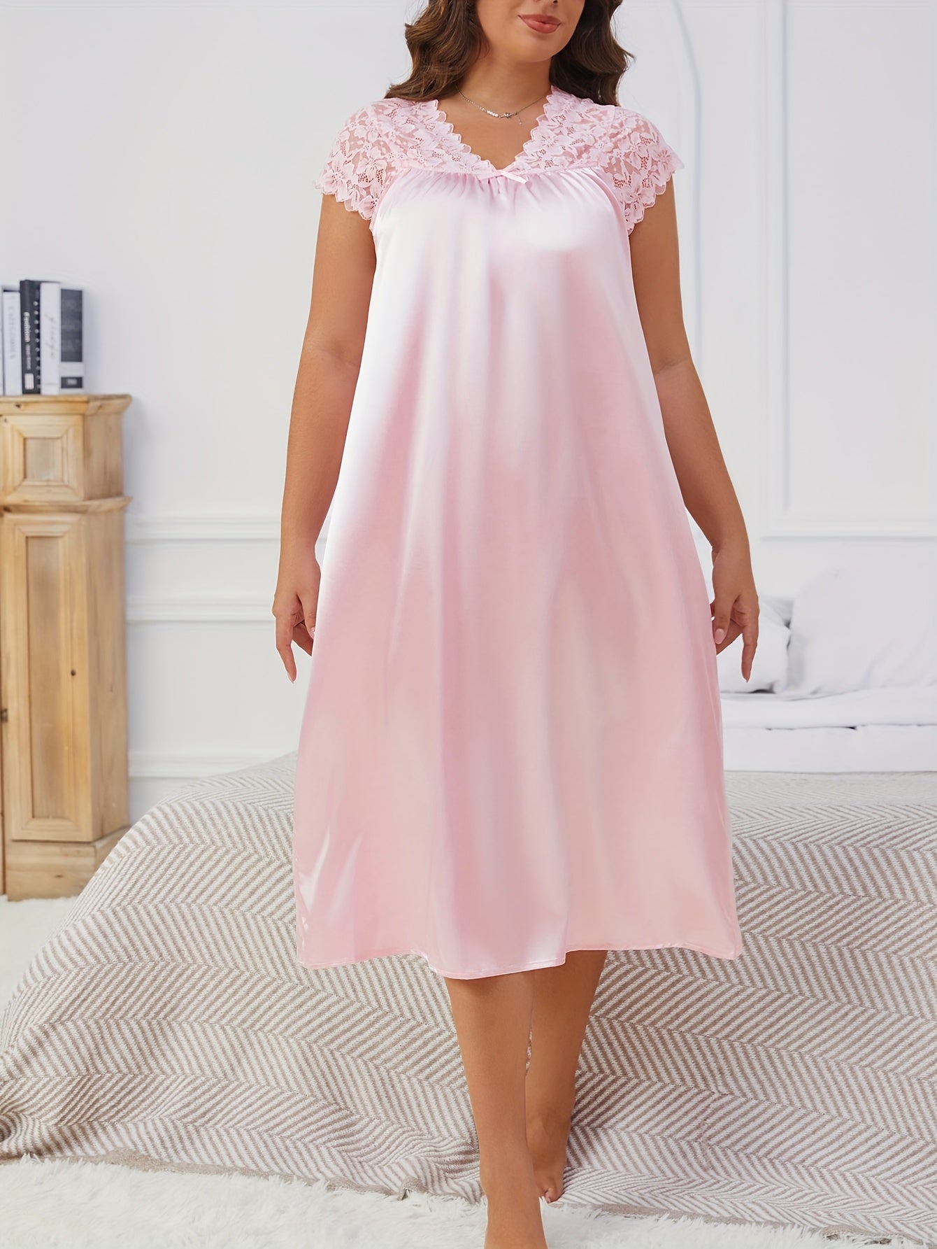 Plus Size Red Satin Nightgown with Lace Trim Short Sleeve V-Neck