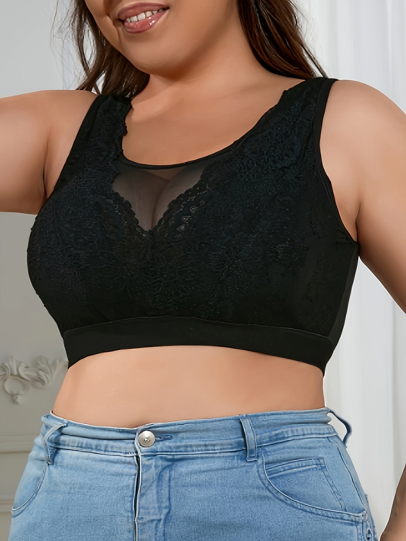 Plus o'lchamli ayollar uchun gul naqshli korsetti mesh yarim shaffof bra