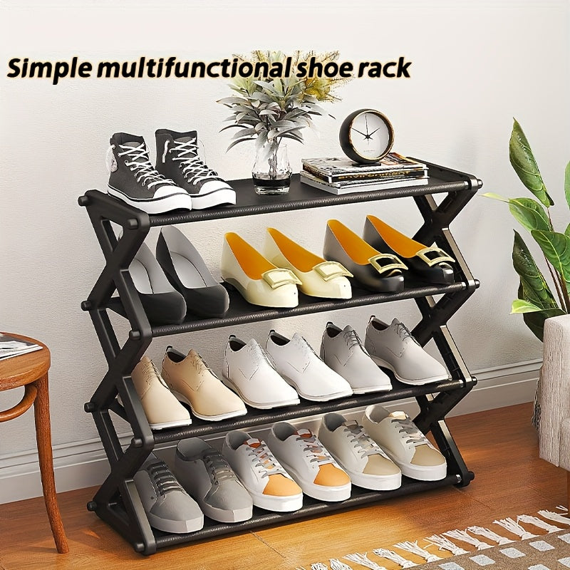 No Assembly Freestanding Plastic Shoe Rack 4 Tiers Black Metal Storage Organizer