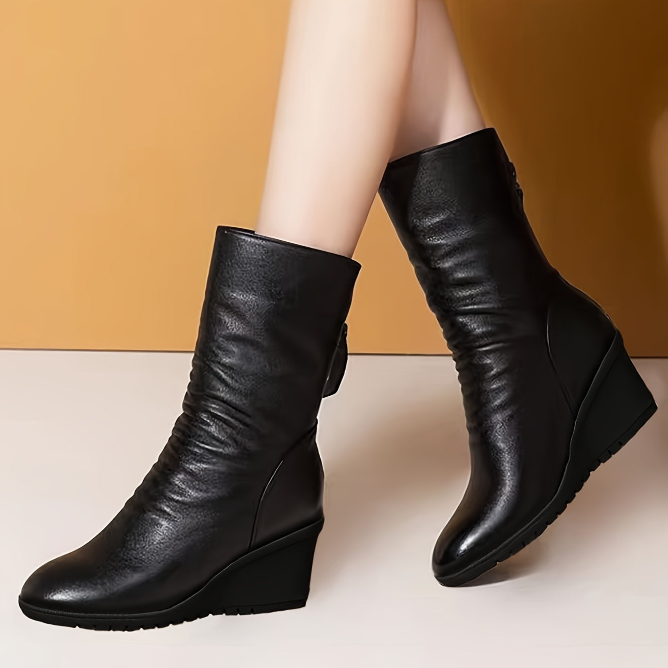 Women's Mid-Calf Leather Flat Wedge Heel Boots for Fall and Winter