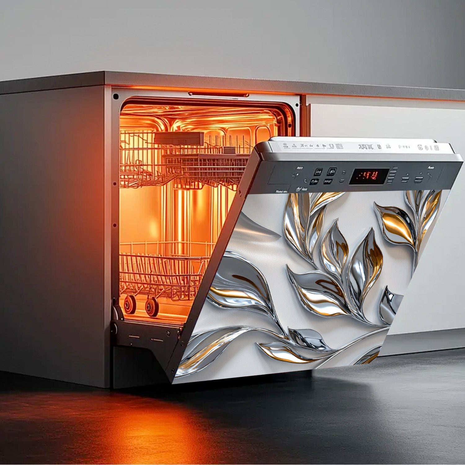 Silver and Gold Leaf Pattern Dishwasher Magnet Cover Waterproof Heat-Resistant Metal Panel Decor for Kitchen Appliances