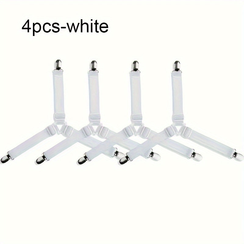4 ta moslashuvchan uchburchakli varaq ushlagichlar to'plami, elastik matras varaq kliplari, sirpanmaydigan yotoq varaq ushlagichlar va divan, stol qoplamalari uchun to'qilgan tasma mahkamlagichlar; tozalash oson