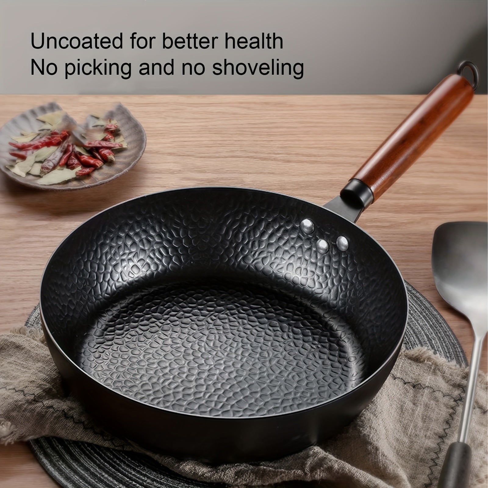 Non-Stick Cast Iron Wok Wooden Handle Hammered Flat Bottom All Stovetops