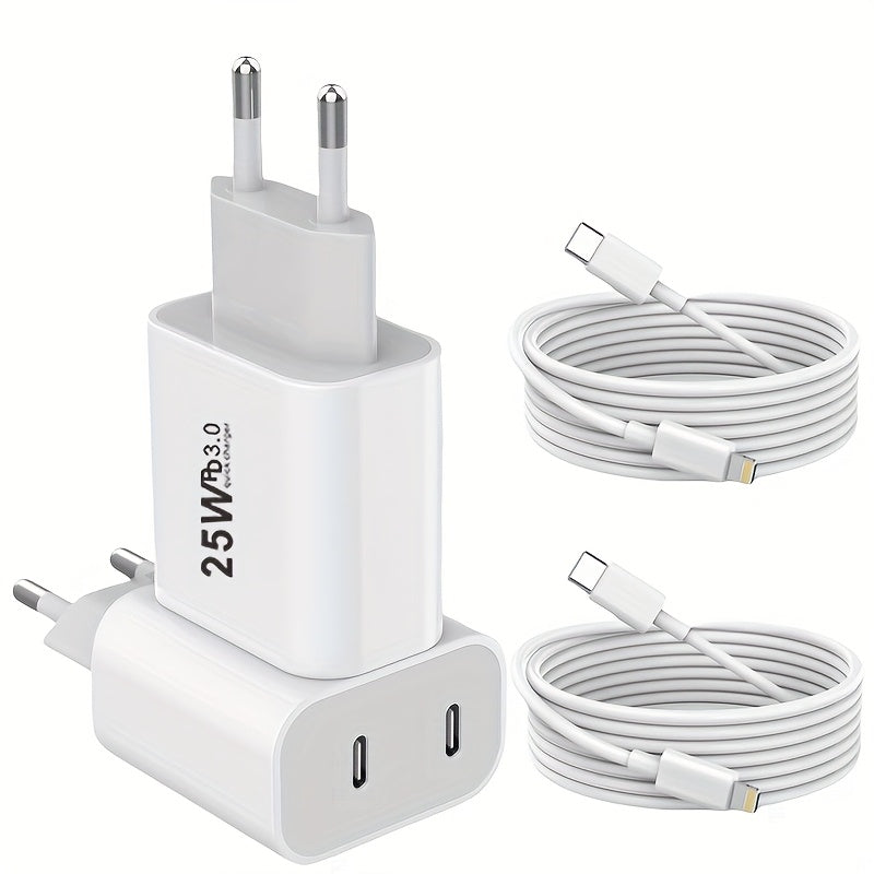 Cargador rápido dual USB-C de 25W con enchufe europeo para iPhone, Samsung y dispositivos Android