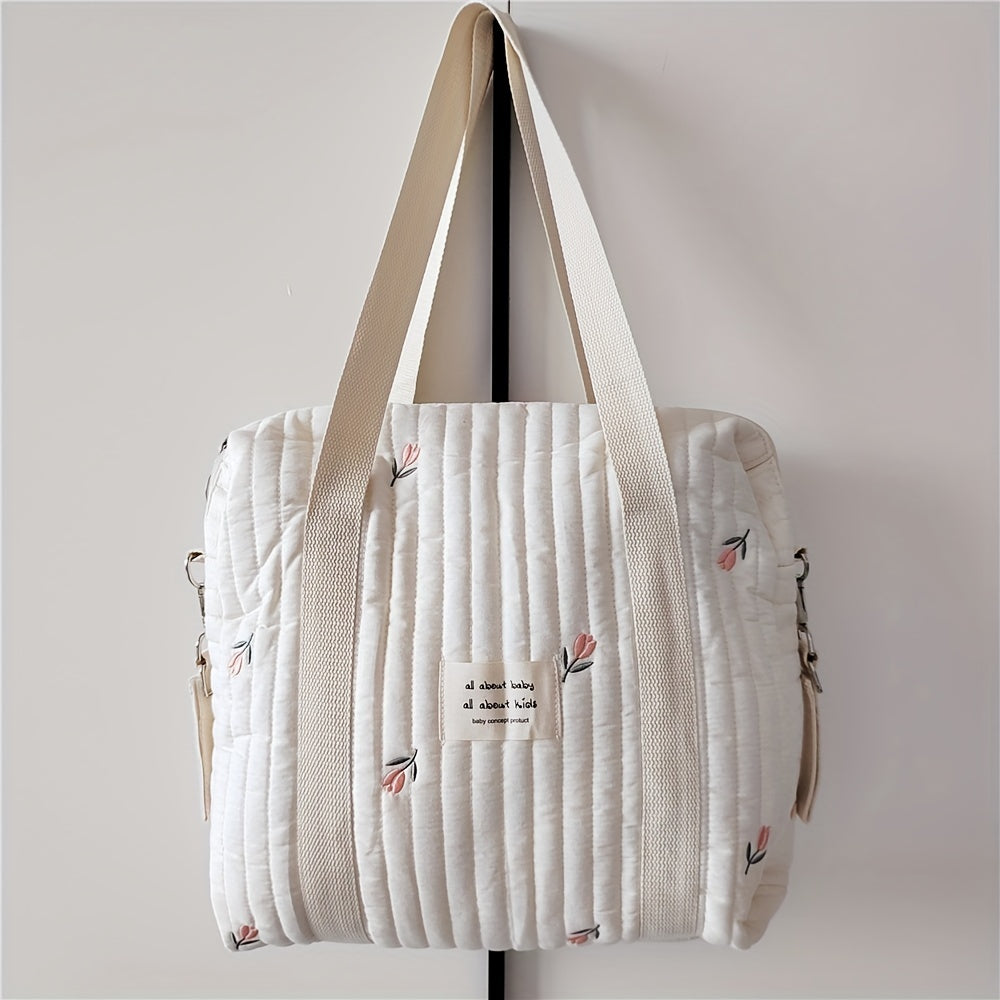Embroidered Cotton Diaper Bag with Trolley and Hanging Features for Moms 36x30x12cm