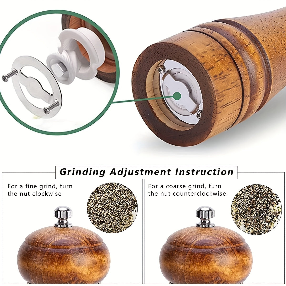 Set of 2 Adjustable Wooden Pepper and Sea Salt Grinders, Refillable, Manual Spice Mills