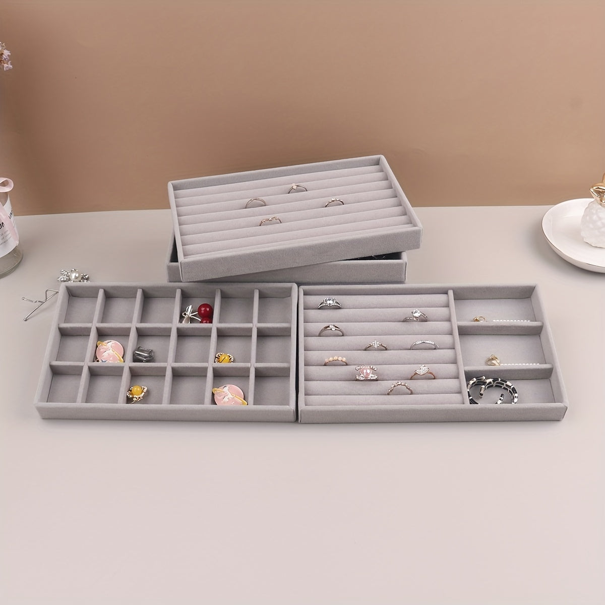 Grey Velvet Jewelry Tray Organizer with Compartments for Necklaces Bracelets Earrings Rings and Watches