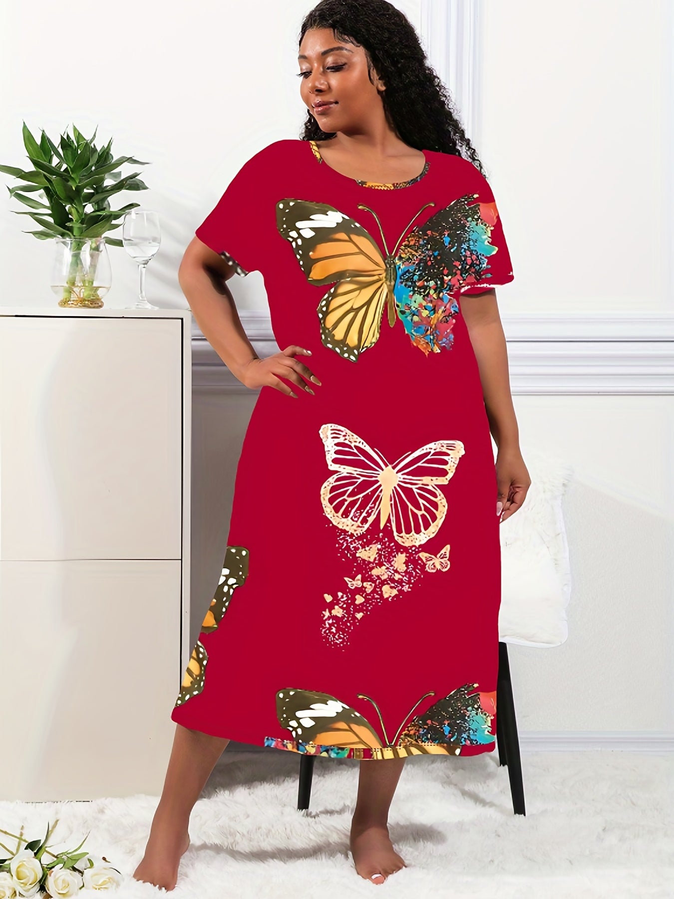 Women's Plus Size Lounge Dress Butterfly Print Short Sleeve Nightdress