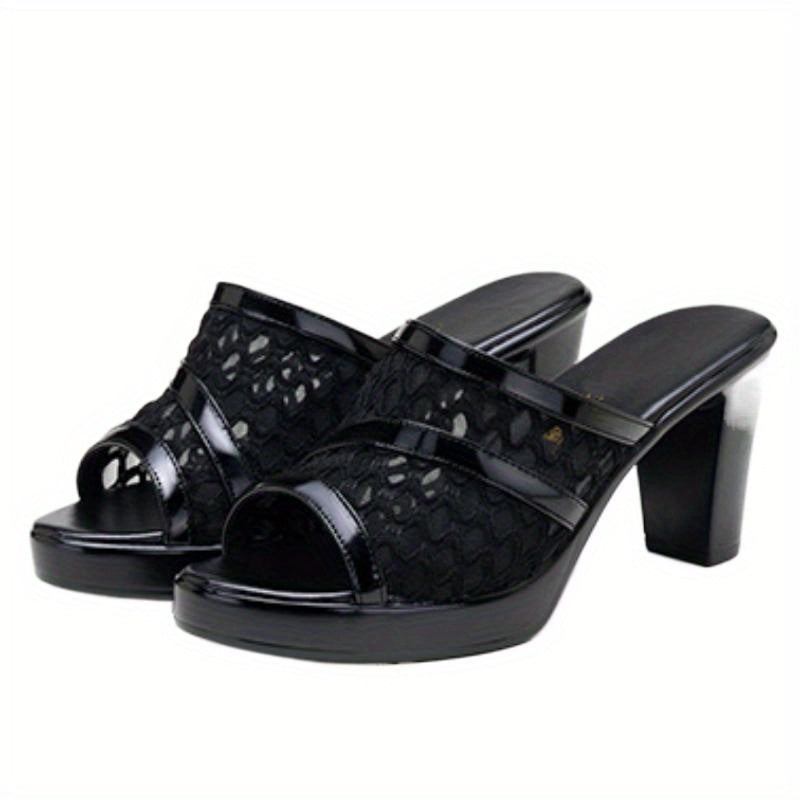 Women's Black Fishnet Slide Sandals with Chunky Heel Open Toe