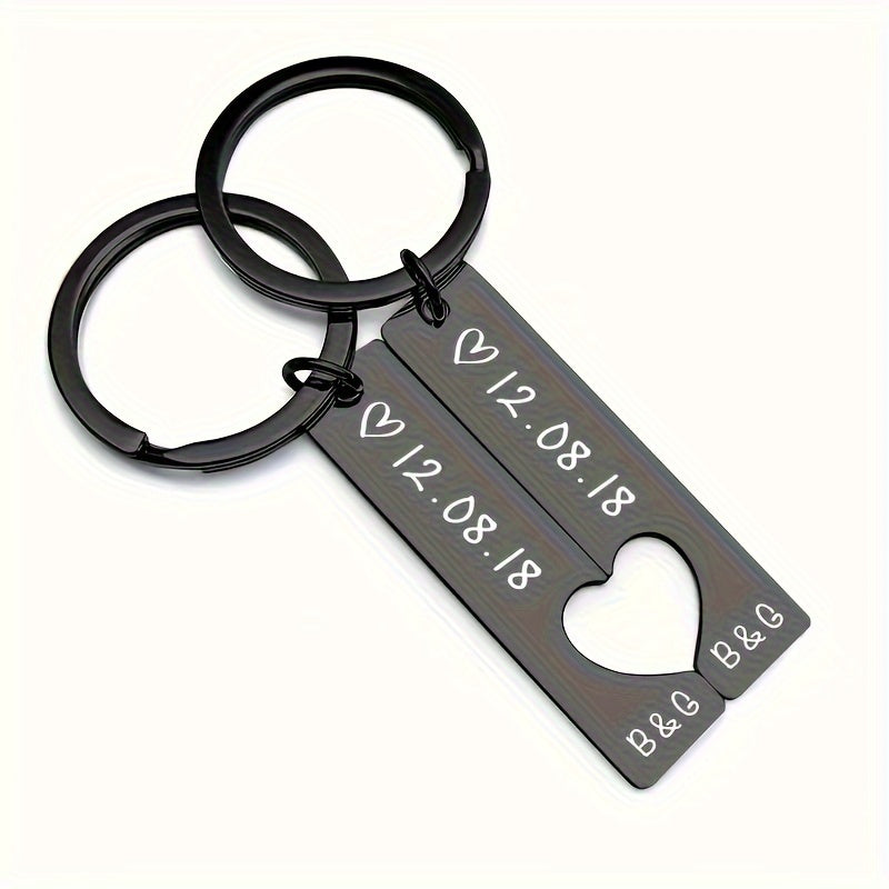 Personalized Stainless Steel Couple Keychains with Date for Anniversary or Birthday