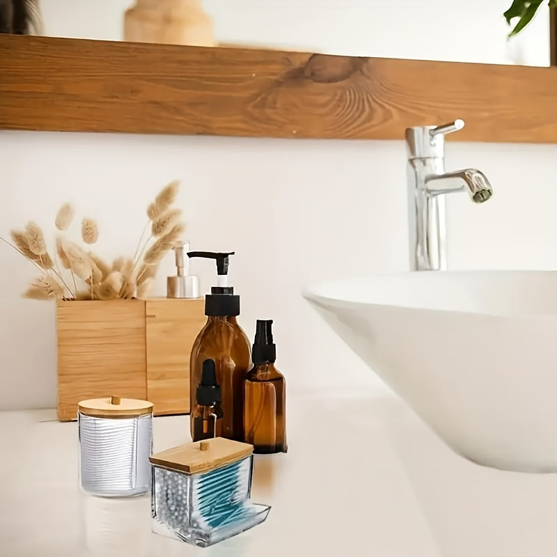 Juego de 2 dispensadores de plástico para almacenamiento con tapas de bambú para esponjas y discos de maquillaje