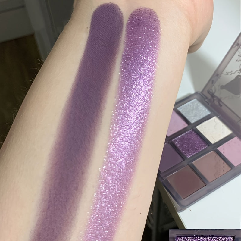 Paleta de sombras de ojos de 9 colores para mujer, morado ahumado, gris, glitter, mate