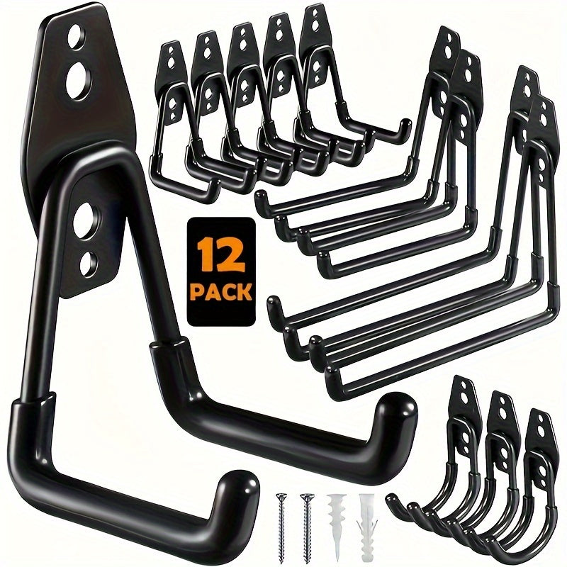 12-Pack Heavy-Duty Steel Garage Hooks for Wall Mounting to Organize Tools and Equipment