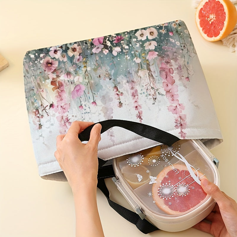 Insulated Floral Lunch Tote Bag for Men Women Leak-Proof Reusable Polyester Square Thermal Lunch Box for Office Beach Travel