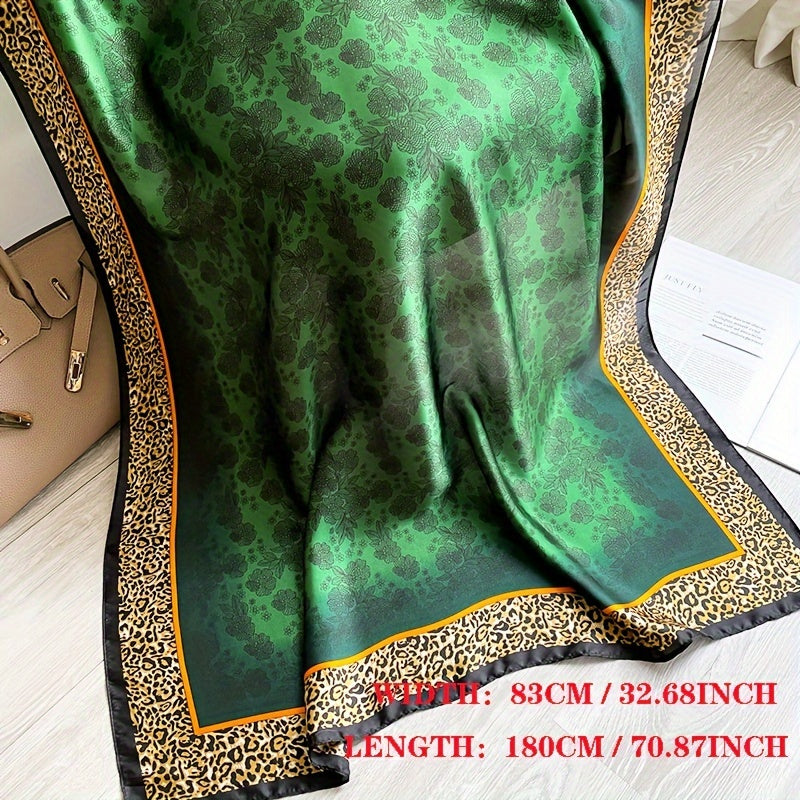 Leopard Print Flower Scarf Satin Green Sun Protection Windproof Accessory