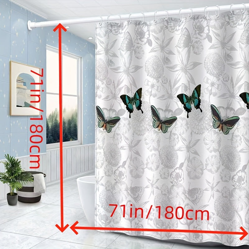 Gray Floral and Butterfly Shower Curtain Polyester Opaque Quick-Dry Machine Washable Easy No-Drill Installation