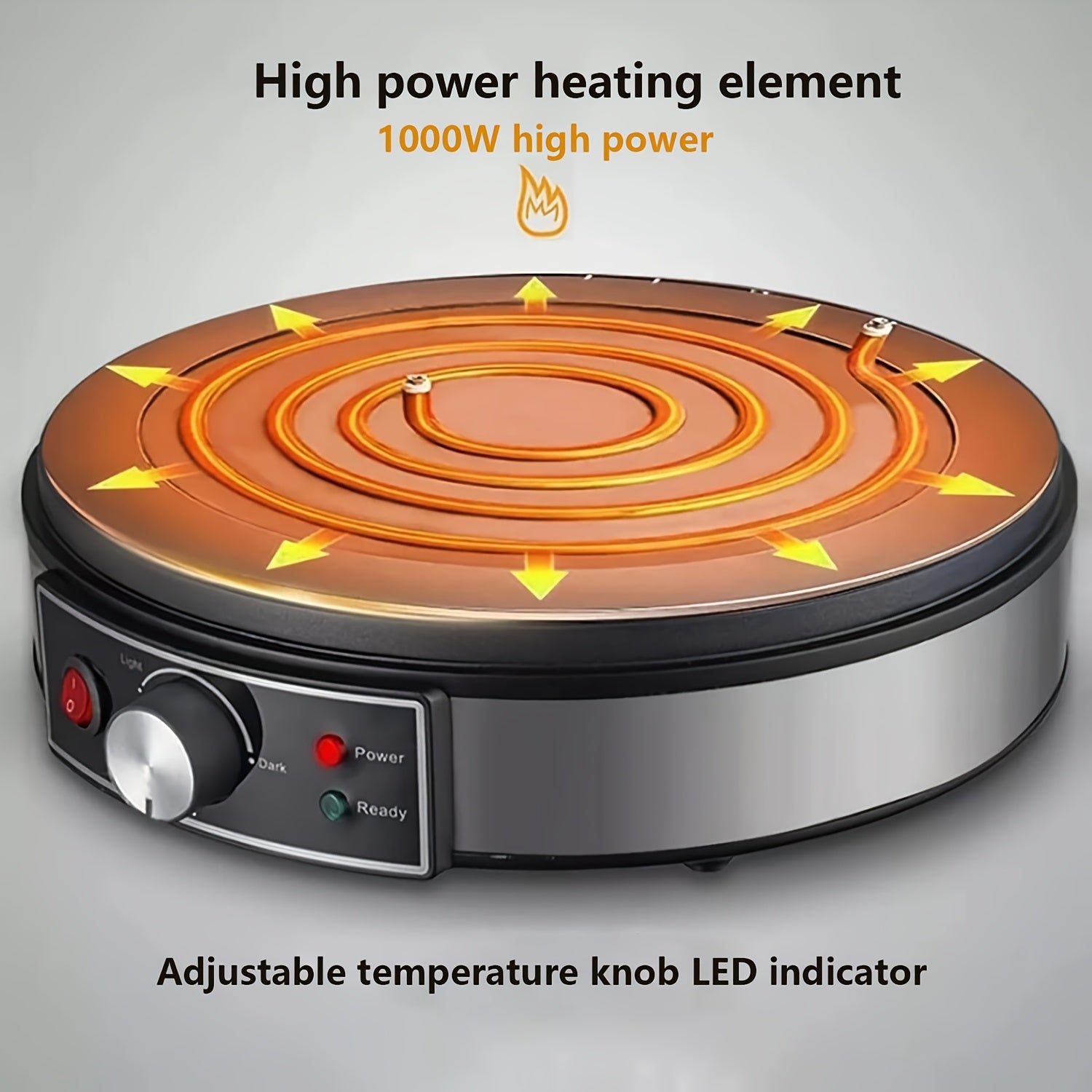 Yog‘ochsiz qovurilgan pan bilan elektr pancake tayyorlagich - turli xil nonushta taomlari uchun ideal. Sozlanadigan harorat nazorati, xamir tarqatuvchi va mustahkam konstruktsiya.