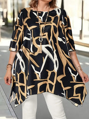 Plus Size Women's Asymmetrical Hem Top Black White Print Summer Vacation Casual