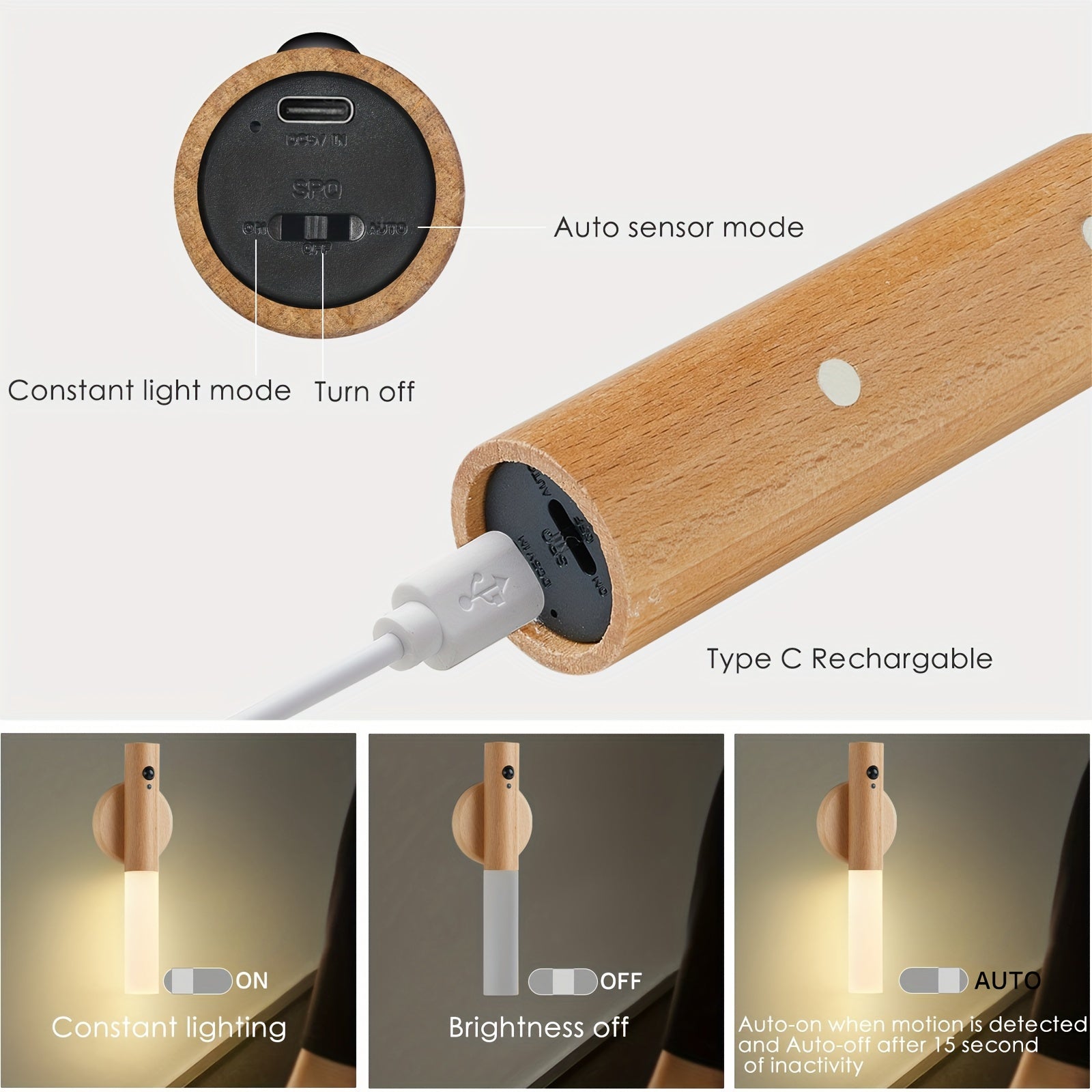 Modern Beech Wood LED Wall Sconces with Motion Sensor Rechargeable Night Lights for Bedroom Hallway