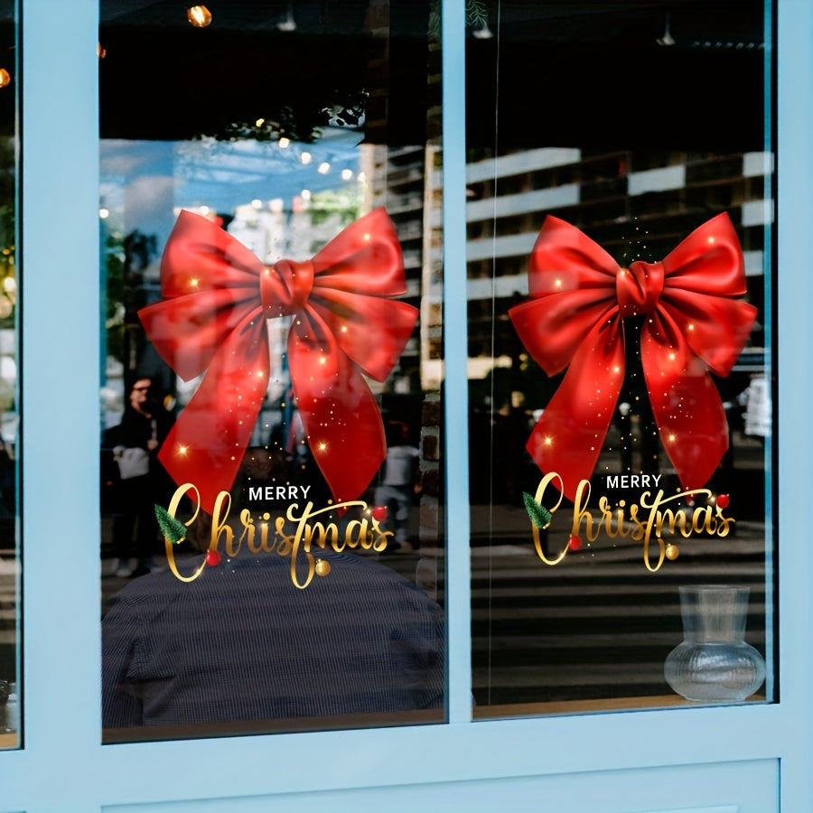 Festive Christmas Window Clings Red Bow and Merry Christmas Script Stickers