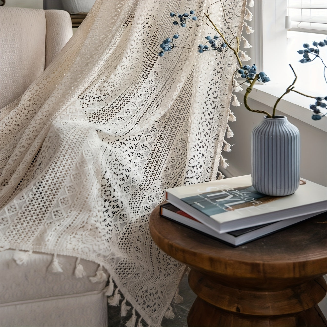 Cortinas de estilo bohemio Pop Hollow Beige con borlas, juego de cortinas translúcidas para sala de estar y dormitorio