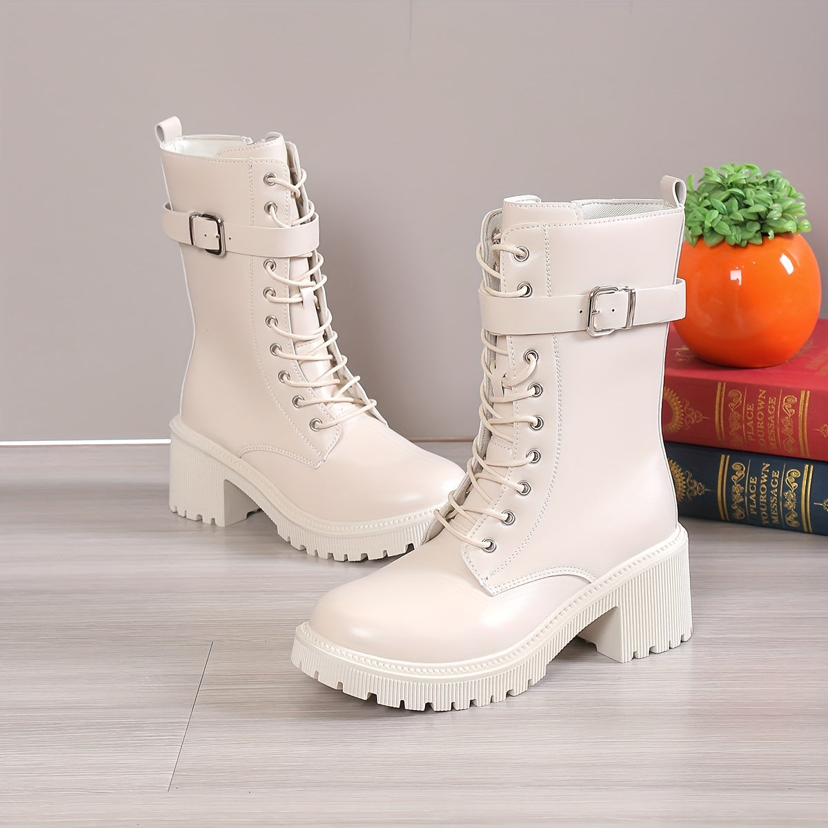 Women's Chunky Heel Mid Calf Boots Lace Up Side Zipper Solid Color Platform