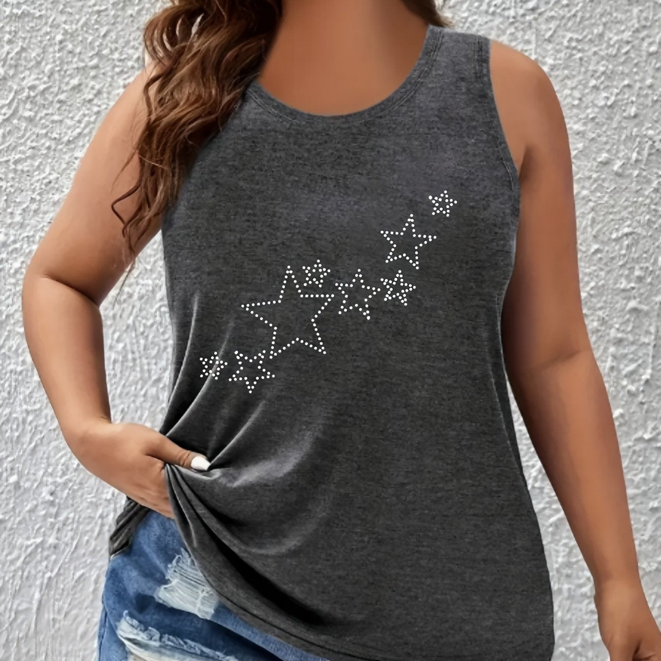 Women's Plus Size Sleeveless Tank Top with Galaxy Star Print Casual Summer Top