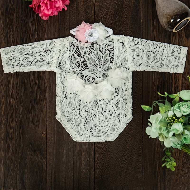 Infant Lace Romper with Headband and Hair Accessories Chiffon Embroidered Pearls