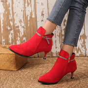 Women's Velour Metal Buckle Ankle Boots with Pointed Mid-Heels