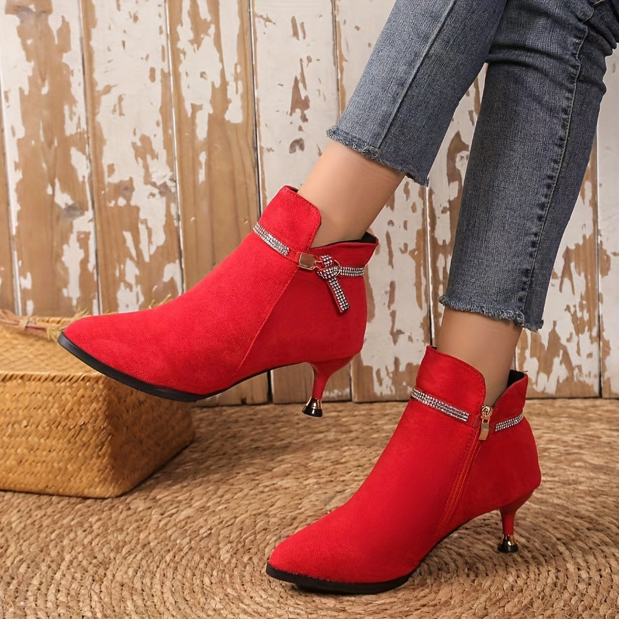 Women's Velour Metal Buckle Ankle Boots with Pointed Mid-Heels