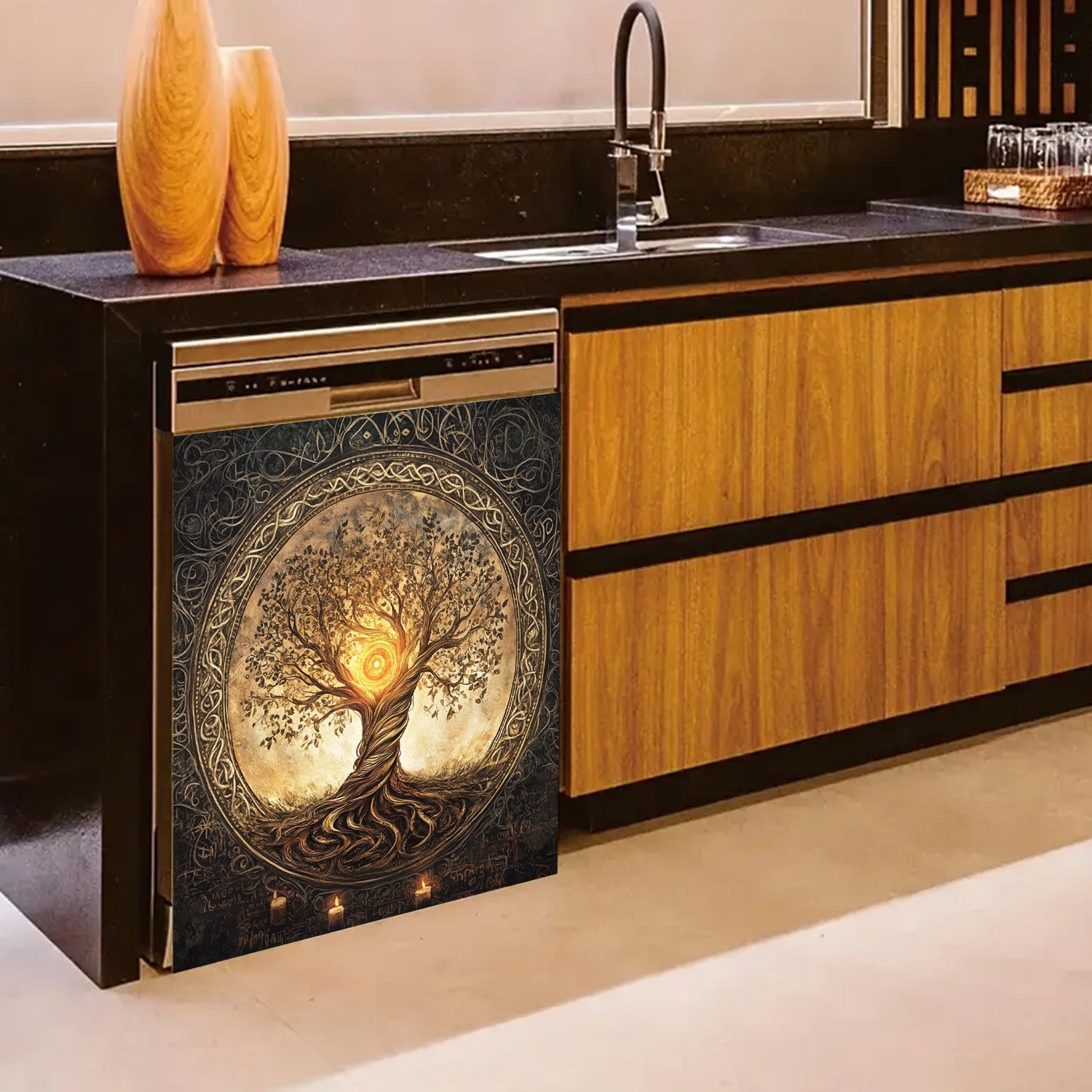 Magnitli idish-tovoq yopishqoq stiker, suv o'tkazmaydigan, issiqlikka chidamli, metall paneli, daraxt dizayni