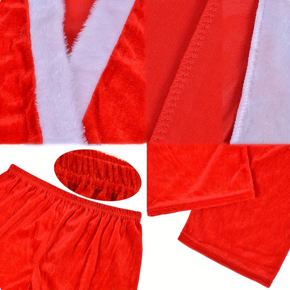 Stylish Santa Claus Costume 5-Piece Red Coat Trousers Hat Beard for Holiday Dress Up