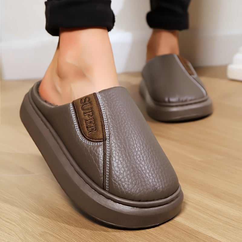 Men's Extra Large Winter Indoor Slippers with Fleece Lining Non-Slip TPR Sole Striped Pattern