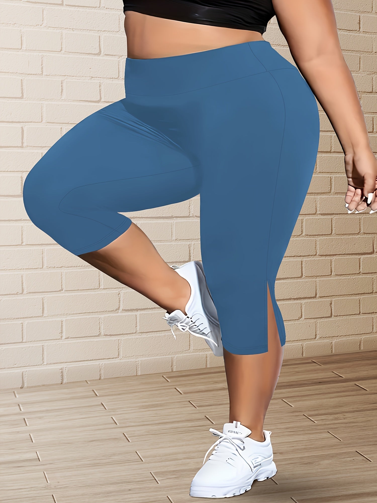 Women's Plus Size High-Waist Capri Leggings Stretchy Polyester Solid Color Yoga Workout