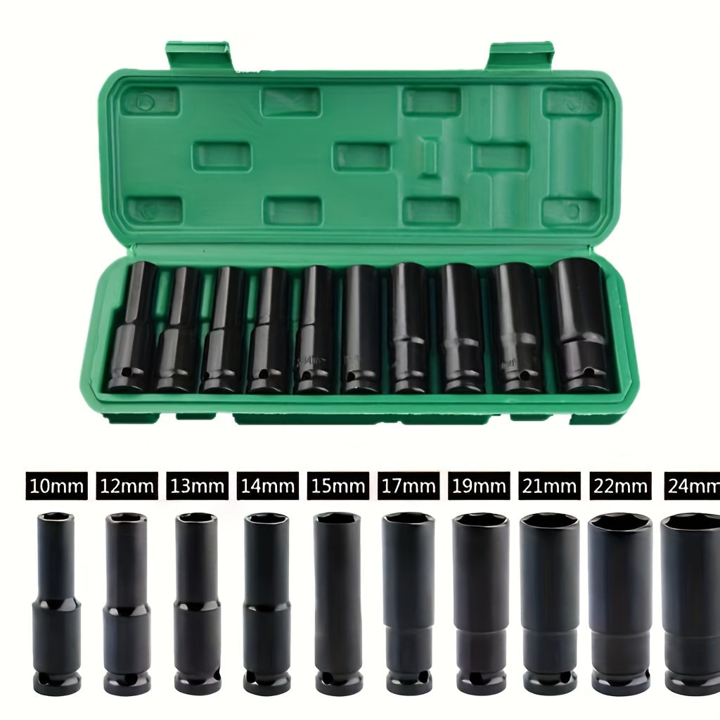 10Pcs Socket Head Set 10-24mm with Impact Wrench Adapter Heavy-Duty Carbon Steel