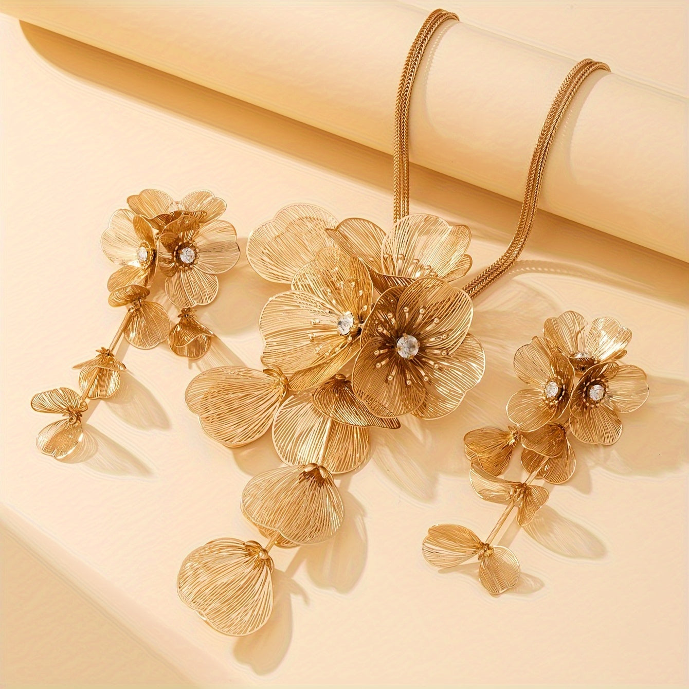 Flower Y-Necklace Set with Tassel Earrings Boho Chic 14K Gold Plated Copper Jewelry