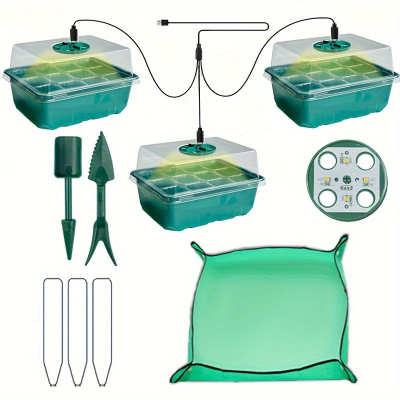 Seedling Starter Kit with Lighting, Cultivation Holes, Tools, Labels and Mats for Plants