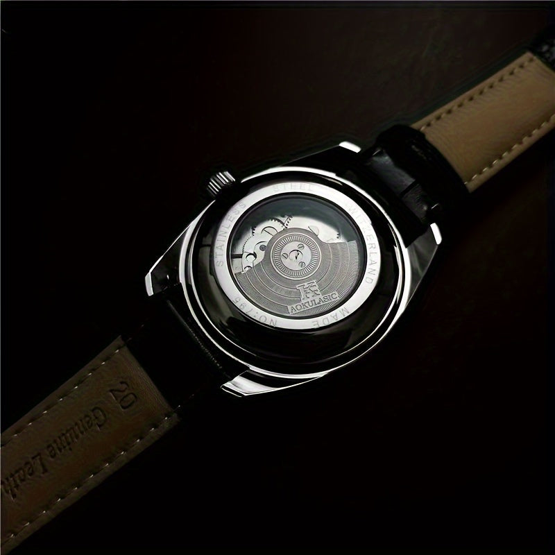 Men's Mechanical Watch with Moon Phase Pointer Semi-Hollow Ball Design Leather Strap