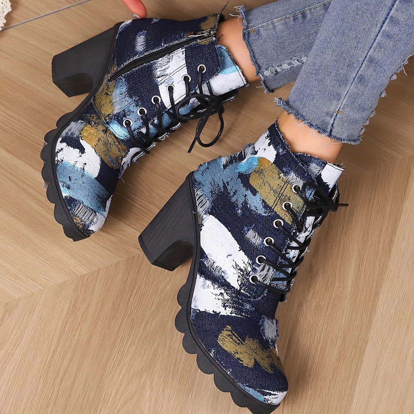 Women's Fabric Ankle Boots with Chunky Heel Side Zipper Wide Width