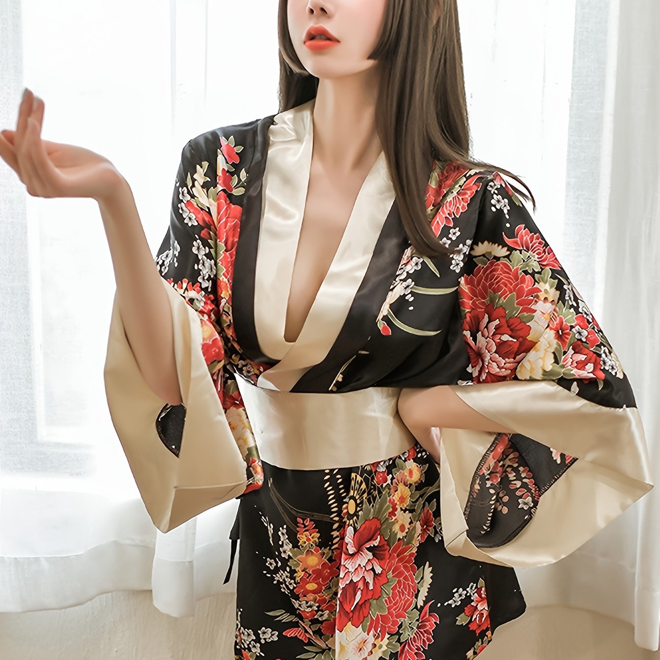 Kimono de satén floral para mujer para lencería y juegos de roles