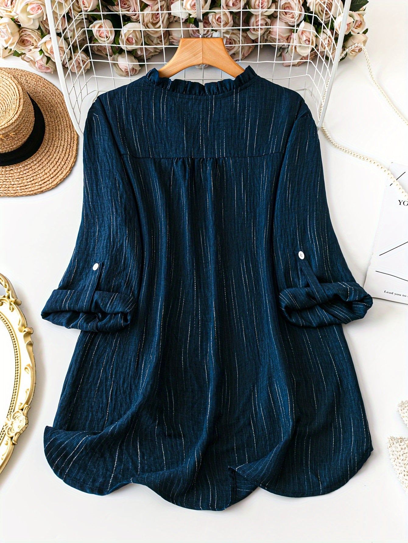 Plus Size Women's Elegant V-Neck Blouse with Button Details Polyester Woven Shirt