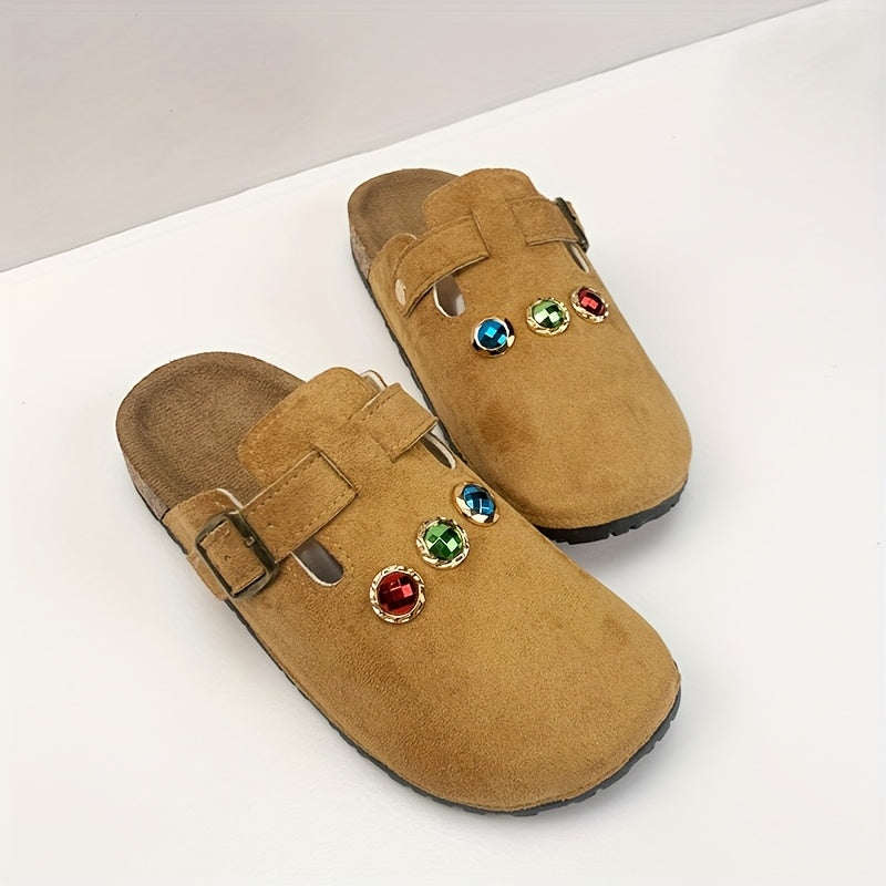 Women's Slip-On Mules Fabric Casual Loafers with Adjustable Straps and Gemstone Accents