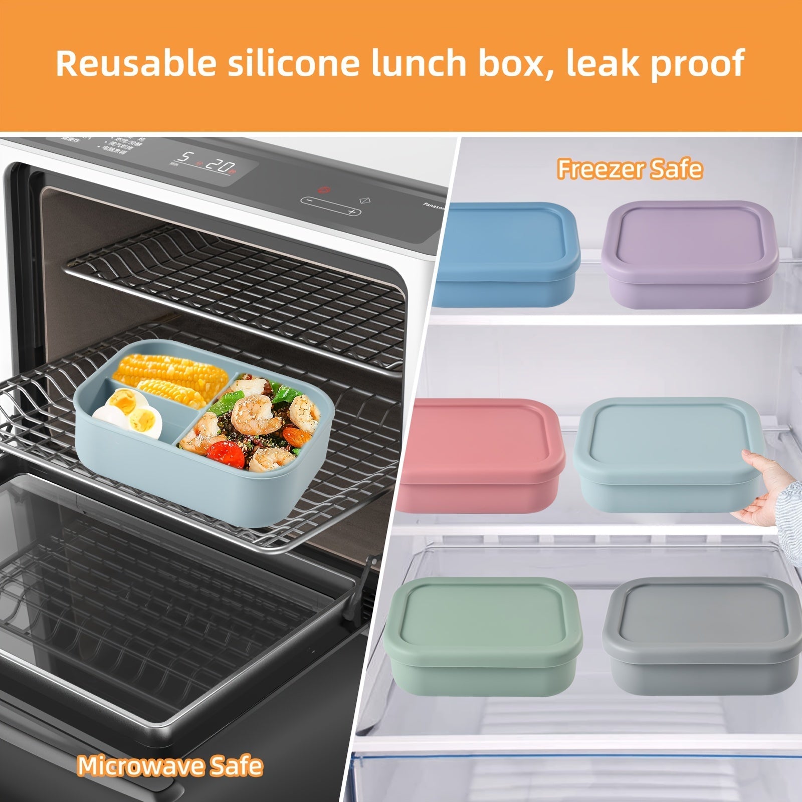Silicone Lunch Box with Leak Proof Bento Container, 3 Compartments, Microwave Safe