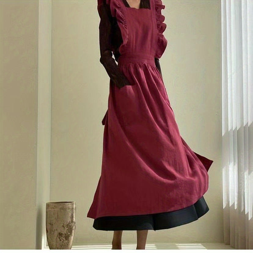 Women's Woven Fabric Apron with Pockets Solid Color 180gsm